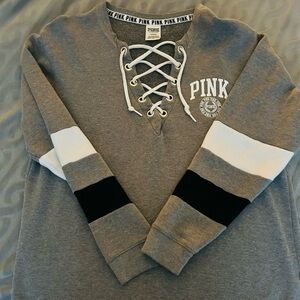 Victoria's Secret Gray Lace-Up Sweater with Striped Sleeves
